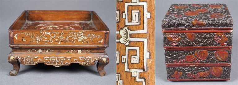PLATEAU A THE QUADRANGULAIRE ET QUADRIPODE EN BOIS INDIGENE ET A INCRUSTATIONS…