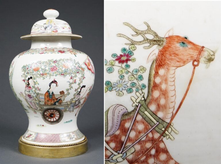 POTICHE COUVERTE EN PORCELAINE A DECOR EMAILLE POLYCHROME DANS LE STYLE DE LA "…