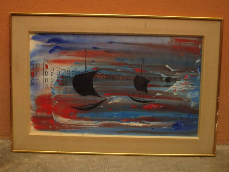 POUCETTE (1935-2006) - Bâteaux au port - Technique mixte sur papier. - Signée e…
