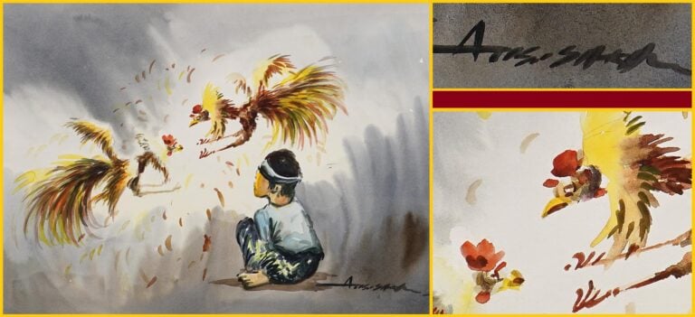 PROBABLE ECOLE VIETNAMIENNE (Actif XXe siècle)° - Petit garçon observant un com…