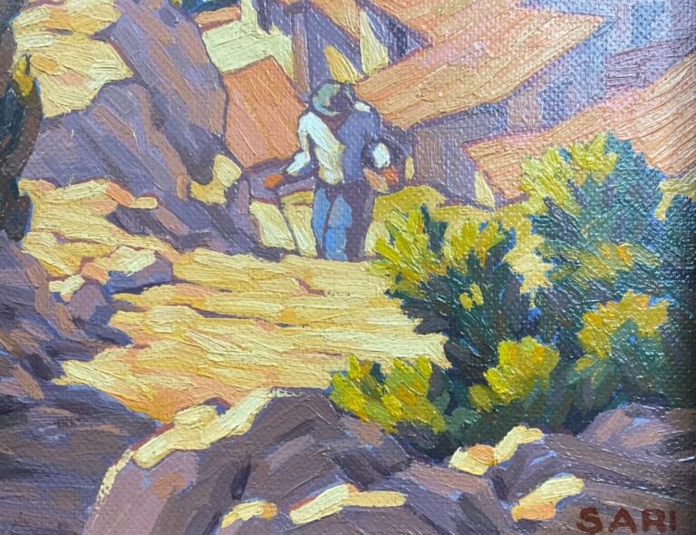 SARI (XXe) - Personnage cheminant dans un paysage - Huile sur panneau - Signé e…