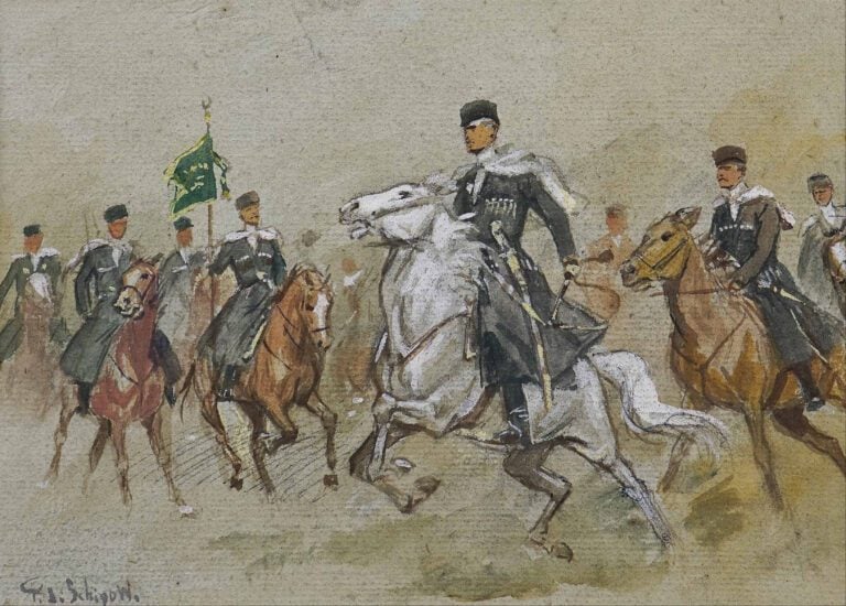 SHIPOV Pavel Dmitrievich attribué à - Cosaques à cheval - Aquarelle et gouache…