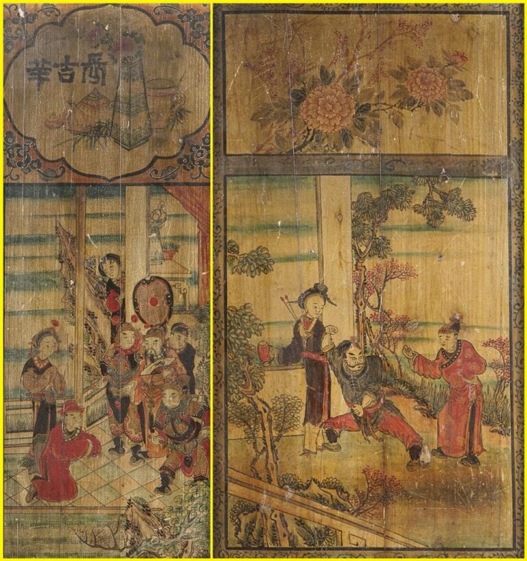 SUITE DE DEUX PANNEAUX EN BOIS LAQUE A DECOR DE SCENES D'UN ROMAN HISTORIQUE -…