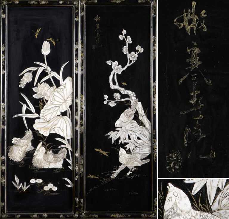 SUITE DE DEUX PANNEAUX MURAUX EN BOIS LAQUE APPLIQUE DE NACRE - Vietnam / Indoc…
