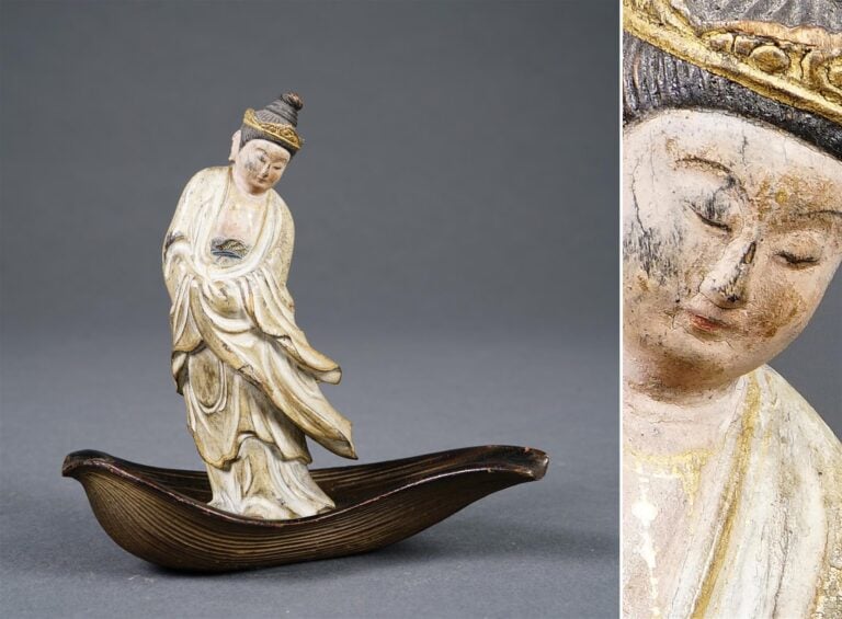 SUJET EN BOIS POLYCHROME SCULPTE A L'EFFIGIE DE LA DEESSE DE LA COMPASSION, KAN…