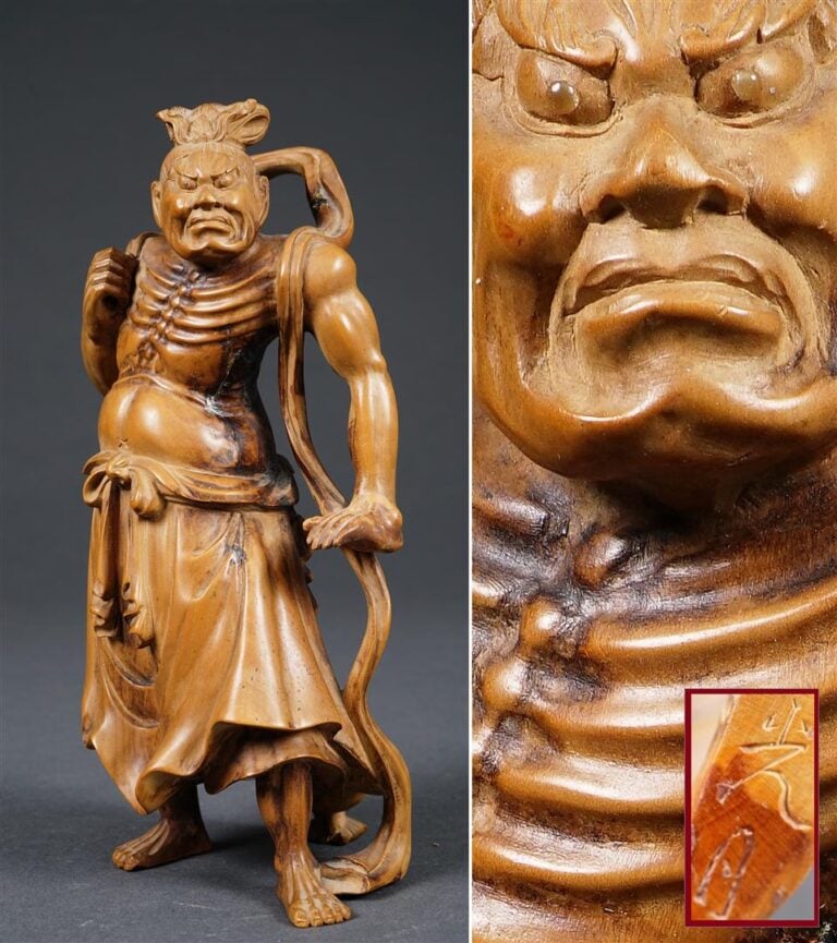 SUJET EN BUIS SCULPTE A L'EFFIGIE D'UNGYÔ PAR KOUGETSU ?? - , OKIMONO - Japon,…