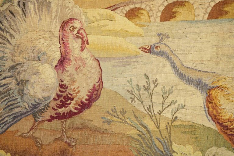 TAPISSERIE D'AUBUSSON - Verdure polychrome à décor d'un paon et d'un dindon dan…