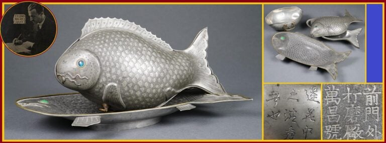 TERRINE ICHTYOMORPHE, SON CHAUFFE-PLAT ET SON PRESENTOIR EN ETAIN PROBABLEMENT…