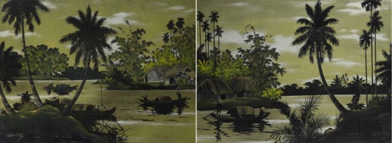 THANH LEY (Vietnam / Indochine, Actif XXe siècle) - Jonques sur le Mékong - Pai…