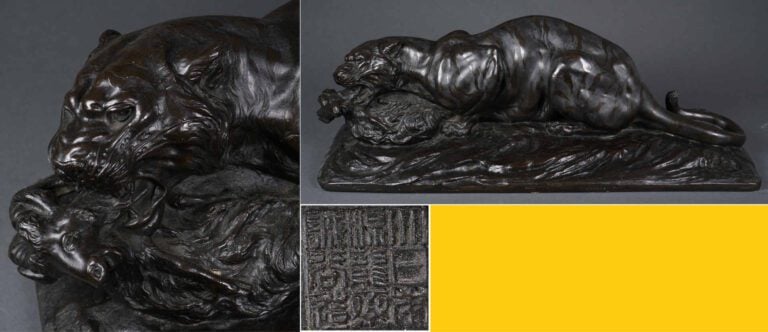 TRES GRAND OKIMONO EN BRONZE A L'EFFIGIE D'UN TIGRE CAPTURANT UN BOUQUETIN PAR…