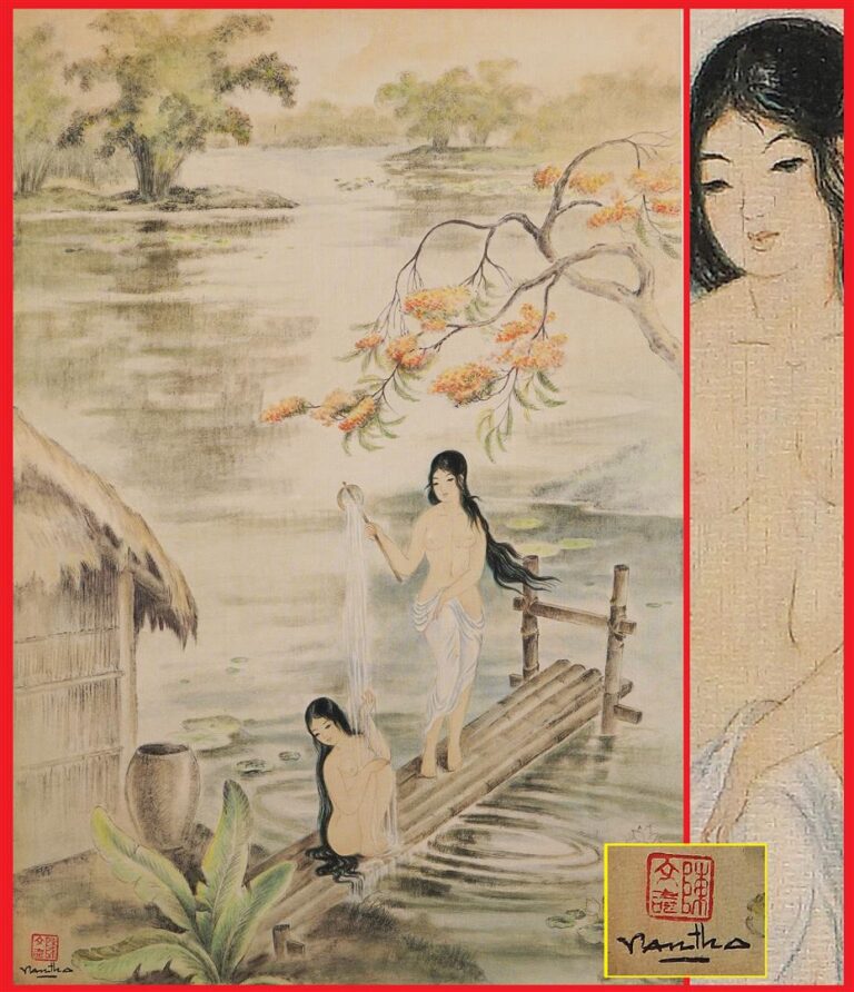 VAN THO TRAN (Vietnam, 1917-?) - Femmes au bain - Encre sur soie - Signée à l'e…