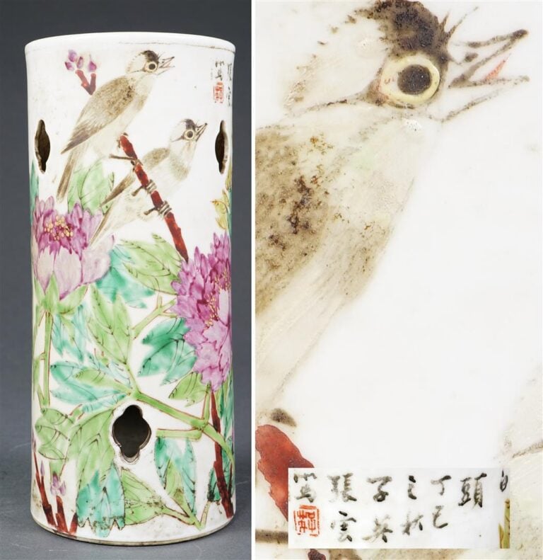 VASE ROULEAU / PORTE CHAPEAUX EN PORCELAINE A DECOR EMAILLE POLYCHROME DE STYLE…