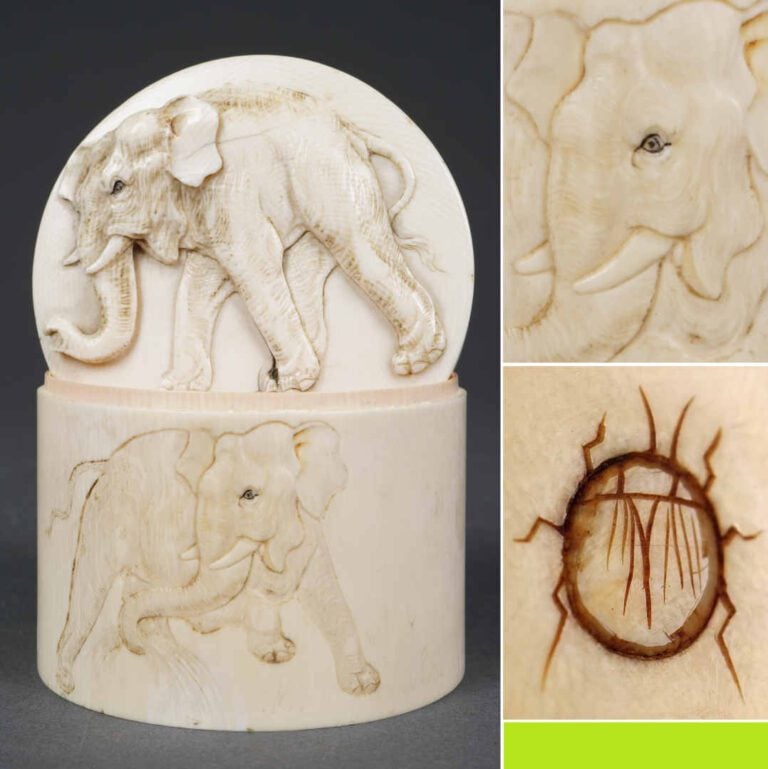 [X] BOITE COUVERTE / POUDRIER EN IVOIRE AUX ELEPHANTS - Japan, Période Meiji, E…