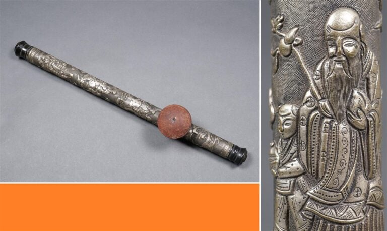 [X] PIPE A OPIUM A FUT DE BOIS GAINE DE METAL ARGENTE ET FOURNEAU EN GRES DE ST…