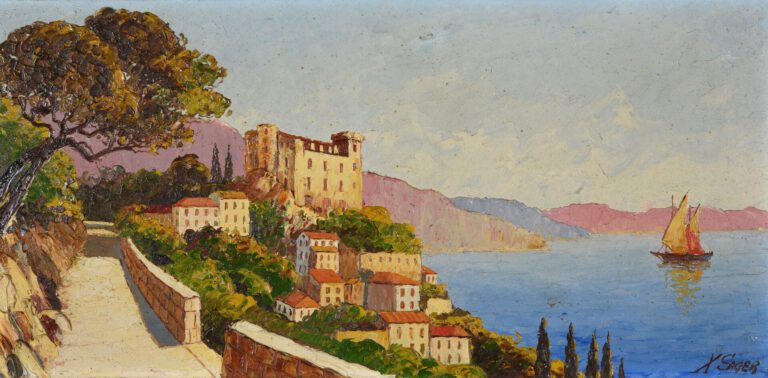 Xavier SAGER (1881-1969) - Roquebrune, le vieux château - Vue sur le port de Ni…