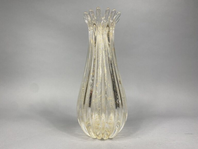 ZANETTI MURANO - Vase en verre épais à inclusions de paillons dorés - Signé - H…