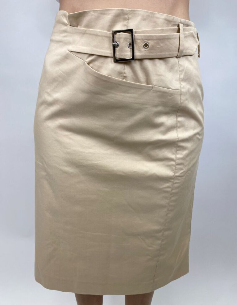 ARMANI Collezioni - Jupe droite en coton beige ceinturée à la taille - Taille 4…