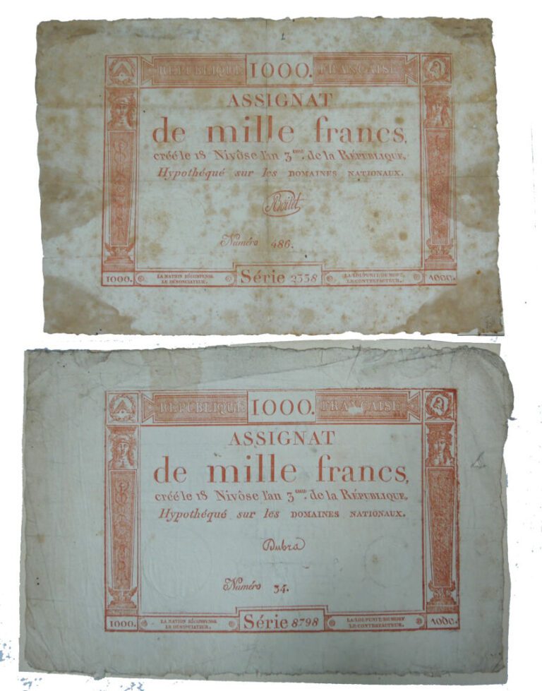 Assignat - - Lot de deux assignats de Mille Francs Série 8798 et 2338 - Etat :…