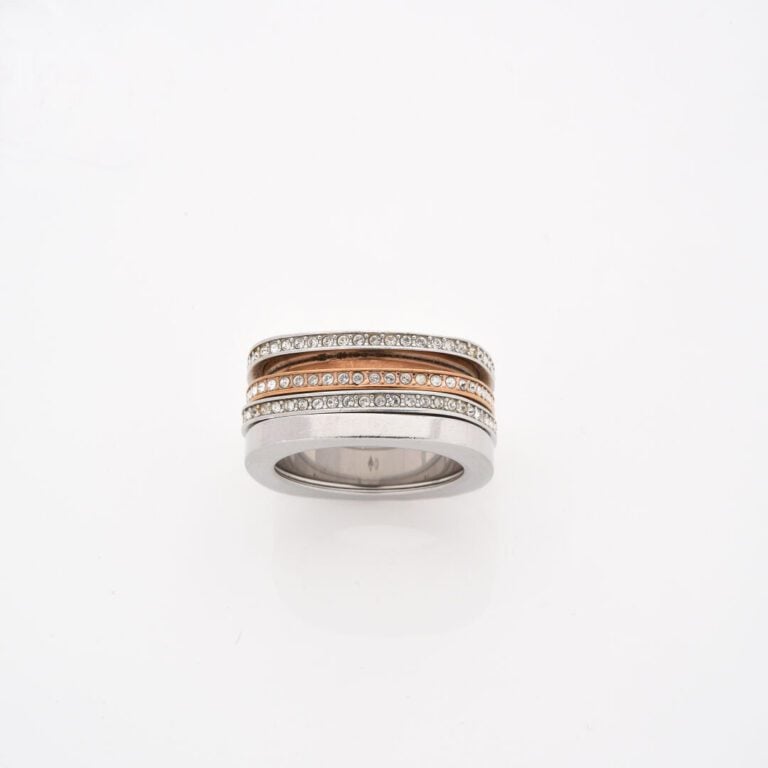 Bague bandeau à bord arrondi en or (750) deux tons ornée de deux lignes mobiles…