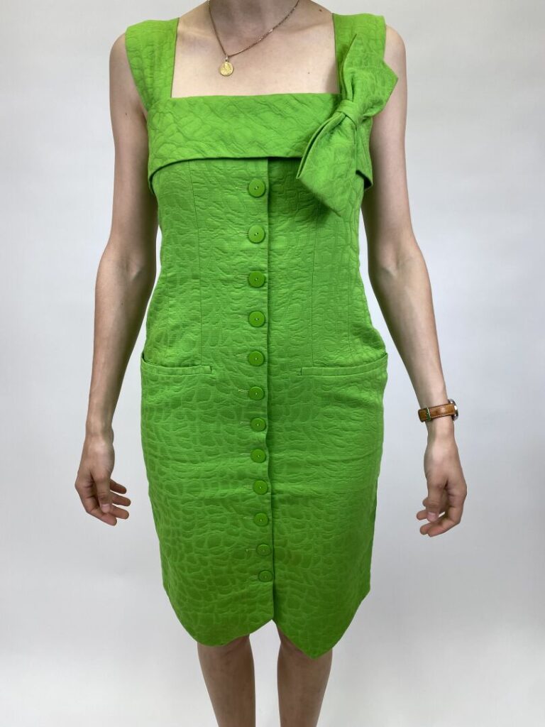 BALENCIAGA - Robe à larges bretelles en coton vert pomme effet jacquard ornée d…