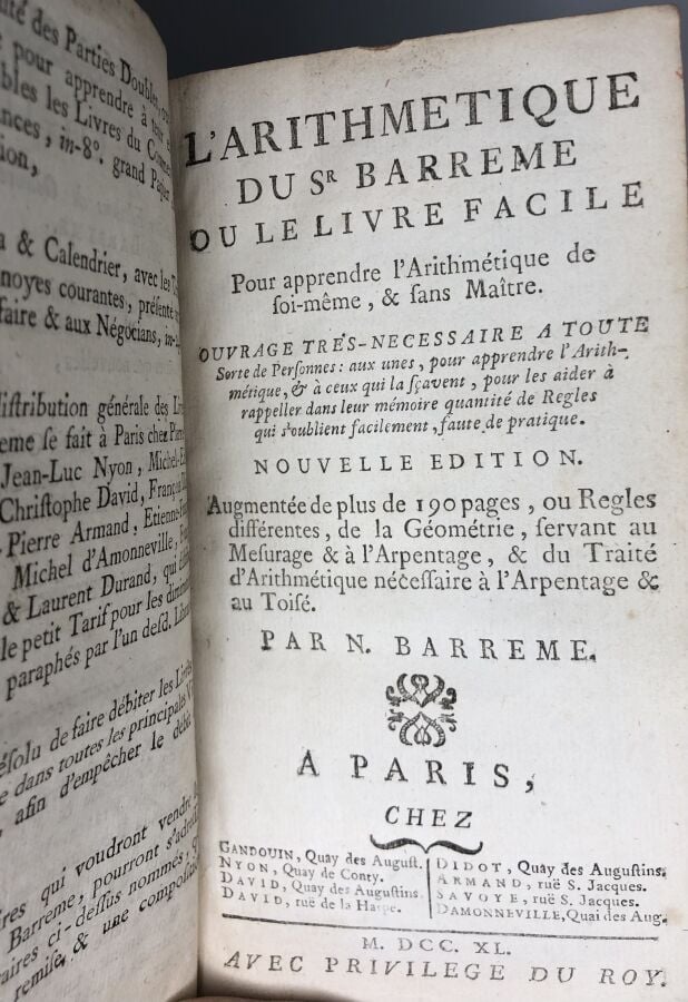 Barreme N. - L'arithmetique du Sr Barreme. Édité à Paris chez Gandouin en 1740…