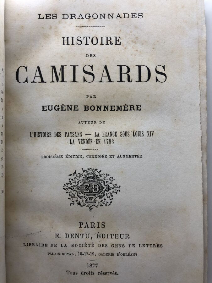 BONNEMERE (Eugène). - Histoire des camisards. Edité à Paris chez E. Dentu en 18…
