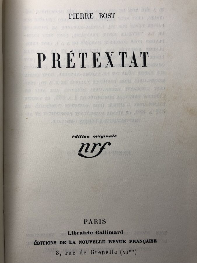 BOST (Pierre) - Prétextat. Edité à Paris chez Gallimard en 1925. De format in-8…