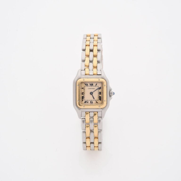 CARTIER - BRACELET MONTRE carrée, modèle « Panthère » en or jaune (750) et acie…