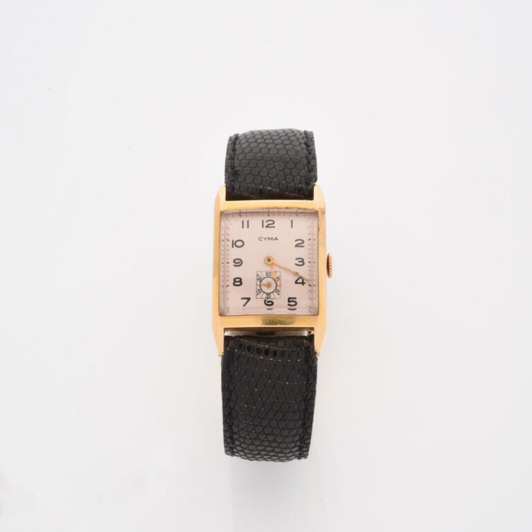 CYMA - Montre bracelet d'homme, boîtier rectangulaire en or jaune (750) légèrem…