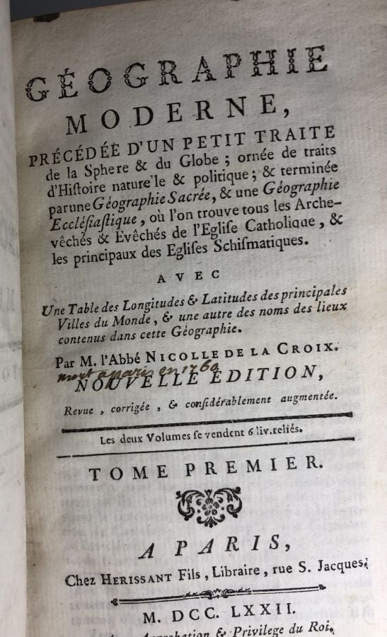 De la Croix Nicolle l'abbé - Géographie Moderne. Édité à Paris chez Hérissant F…