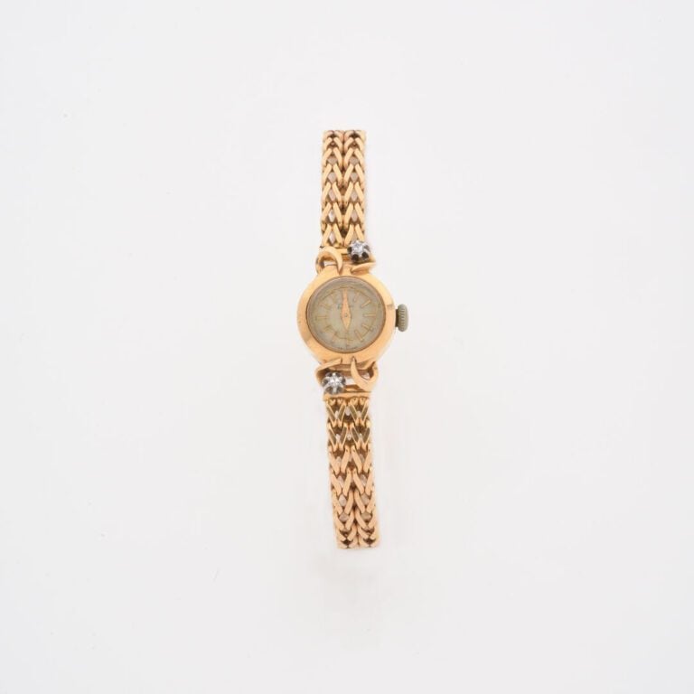 DIFOR - Montre bracelet de dame en or jaune (750), boîtier rond à attaches ajou…