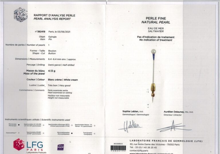 Epingle en or gris (750) ornée d'une perle fine de forme bouton et chute de sap…