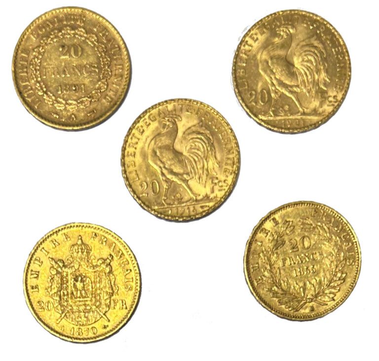 France - Divers - Lot de cinq monnaies de 20 Francs comprenant : - -Deux 20 Fra…