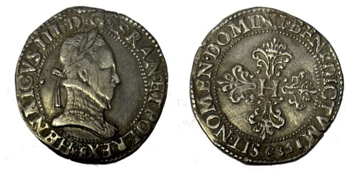 France - Henri III (1574-1585) - Franc au col plat 1580 - A : Tête laurée à dro…