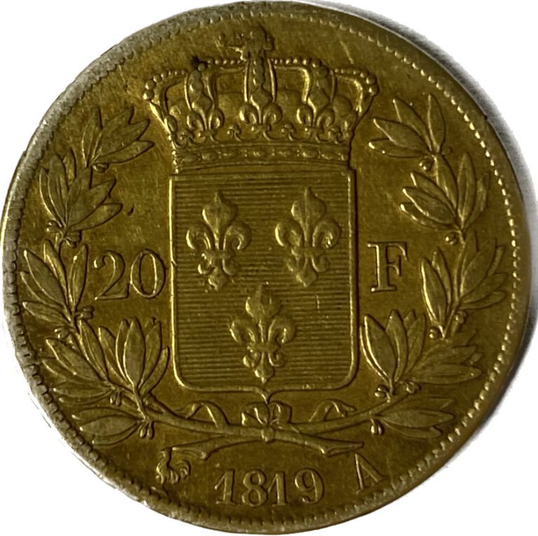 * France - Louis XVIII (1815-1824) - 20 Francs 1819 A (Paris) - A : Buste nu à…