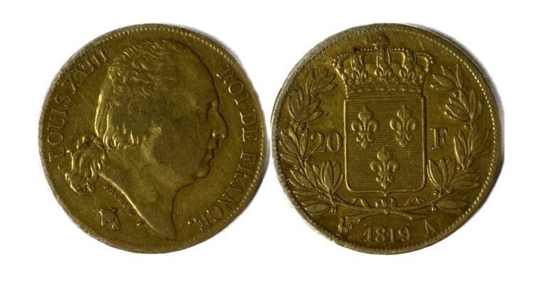 * France - Louis XVIII (1815-1824) - 20 Francs 1819 A (Paris) - A : Buste nu à…