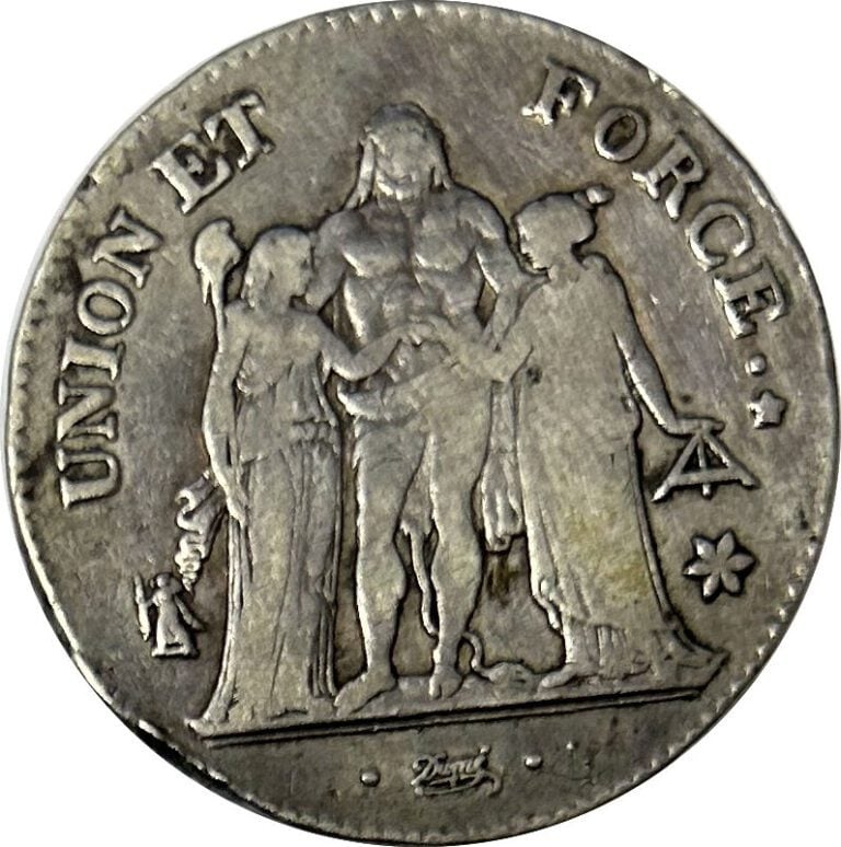 France - Union et Force - Ecu de 5 Francs An 11 MA (Marseille) - A : Hercule au…
