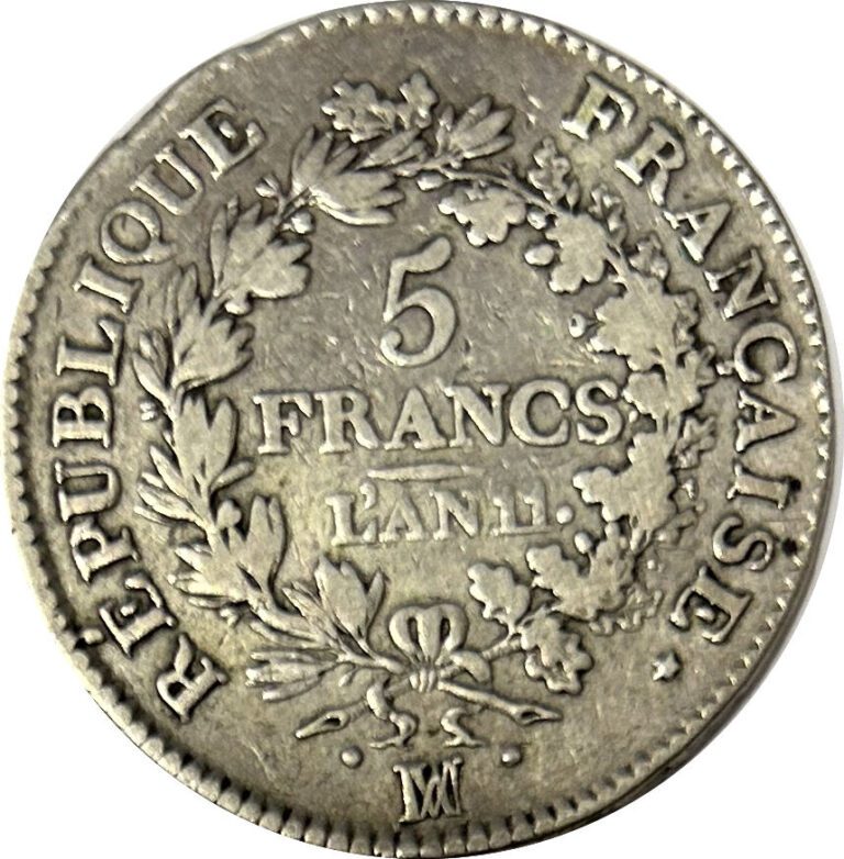 France - Union et Force - Ecu de 5 Francs An 11 MA (Marseille) - A : Hercule au…