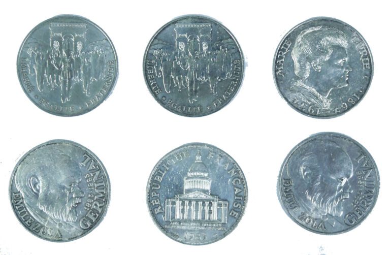 France - Ve République - Lot de cinq monnaies de 100 franc commémoratives compr…