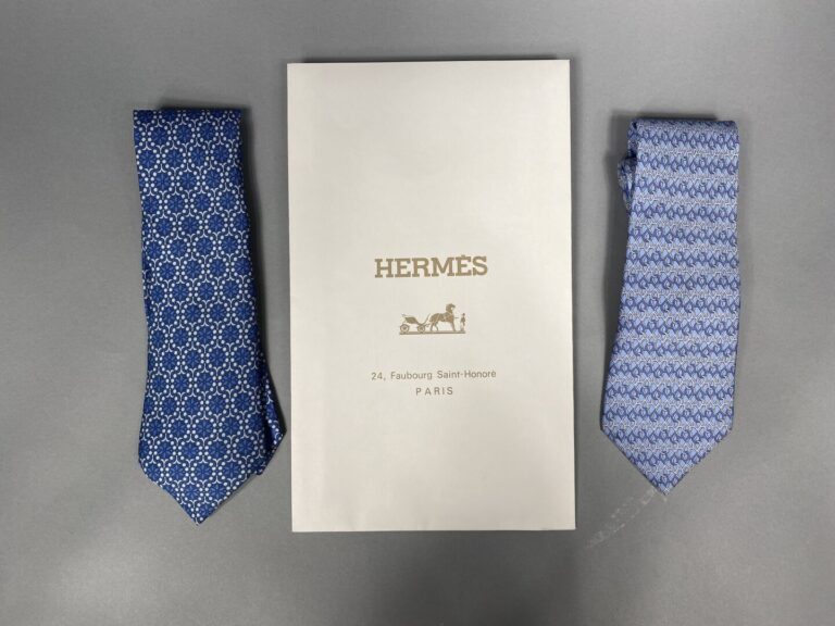 HERMÈS Paris - Lot de deux cravates en soie à motifs stylisés sur fond bleu ou…