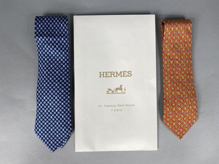 HERMÈS Paris - Lot de deux cravates en soie à motifs stylisés sur fond marine o…