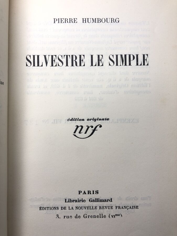 HUMBOURG (Pierre) - Silvestre le simple. Édité à Paris chez Gallimard en 1929.…