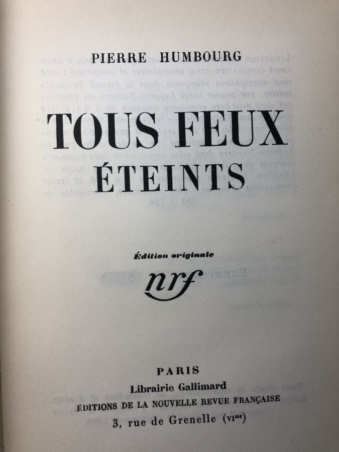 HUMBOURG (Pierre). - Tous feux éteints. Edité à Paris chez Gallimard en 1928. D…