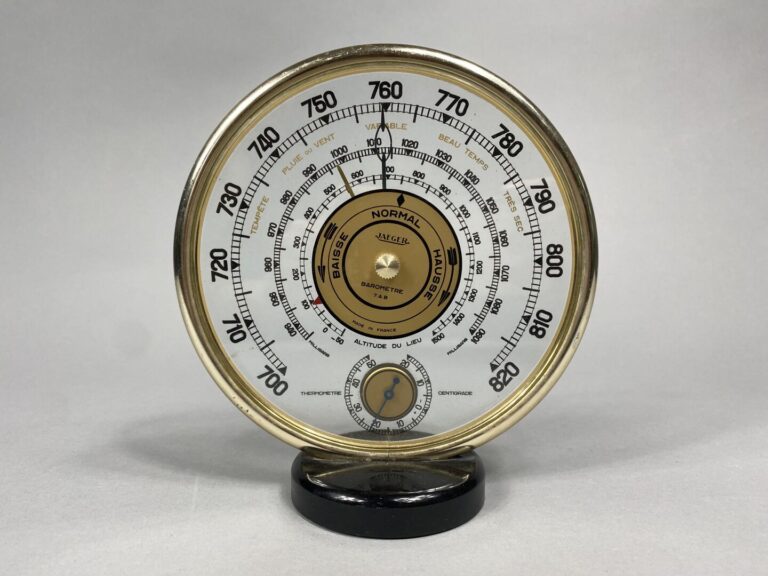 JAEGER - Baromètre thermomètre circulaire cerclé de laiton doré, cadran en verr…