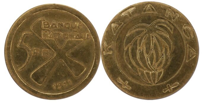 * Katanga- - 5 Francs 1961 - A : Croix Katangaise - R : Palmier - Etat : TTB -…
