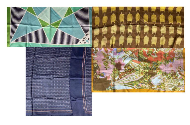 LANVIN, Nina RICCI, etc - Lot de quatre foulards à motifs divers - (petites tac…