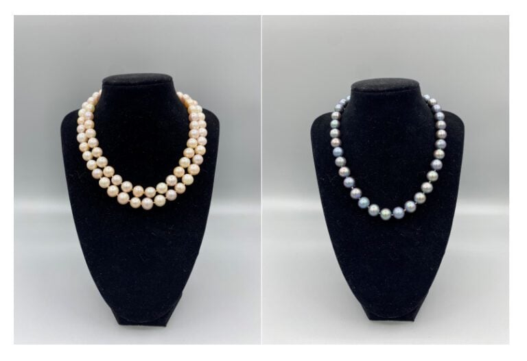 Lot comprenant un collier à double rang de perles de culture dans les tons rosé…