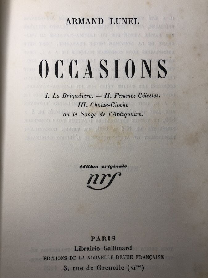 LUNEL (Armand) - Occasions. 1. La Brigadière. - II. Femmes célestes. III. Chais…