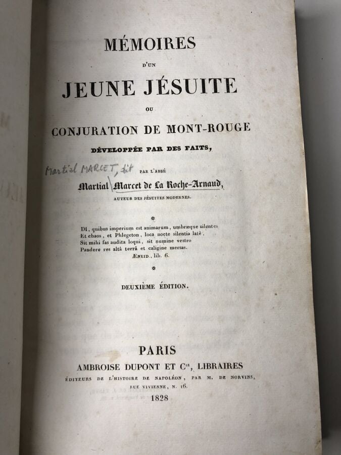 MARCET (Martial l'abbé). - Mémoire d'un jeune jésuite. Edité à Paris chez Ambro…