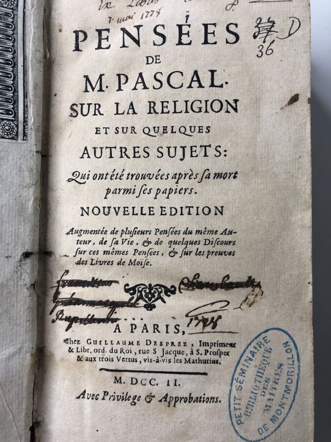 PASCAL (Blaise). - Pensées de M. Pascal sur la religion et sur quelques autres…